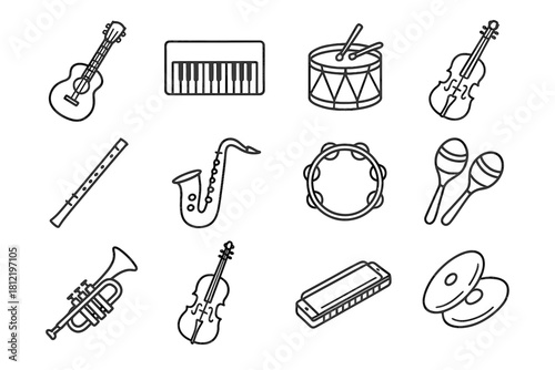 Icons musical vector instruments cello cymbals keyboard maracas icon harmonica tambourine guitar