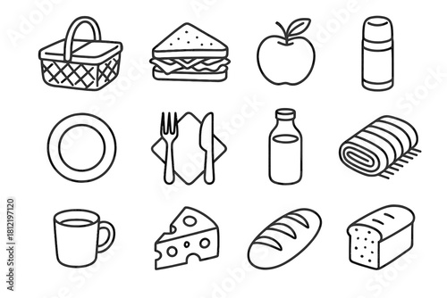 Juice bottle set picnic slice basket icons vector cheese icon sandwich loaf