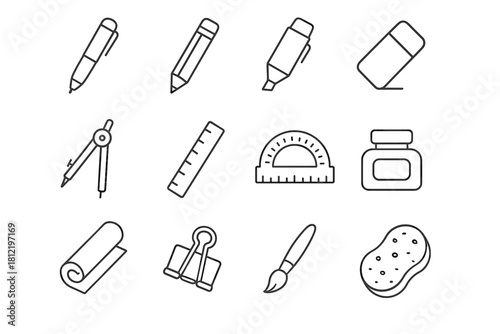 Eraser clip paper vector icon pen sponge roll ruler instruments icons drawing