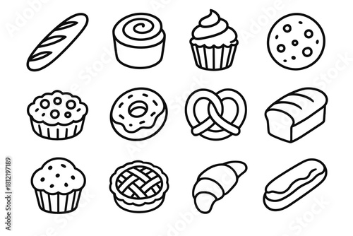 Icons eclair loaf baguette baked roll cupcake goods pretzel icon pie donut