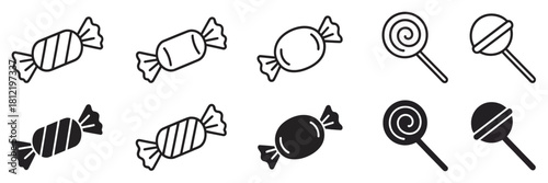 Minimalist Collection of Wrapped Candy and Lollipop Icons in Black and White