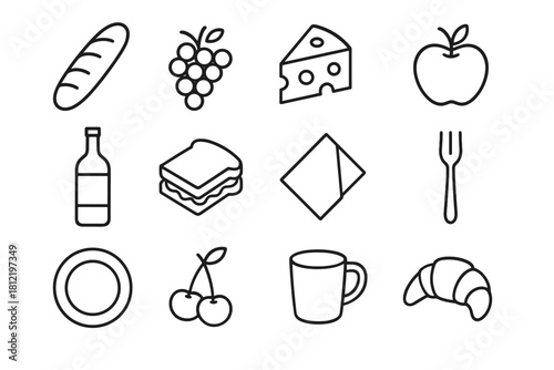 Picnic fruit croissant plate napkin bottle icons vector basket apple cup fork