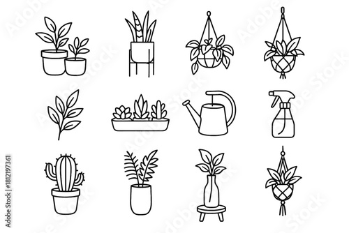 Vase metal watering cactus macrame indoor bottle vector plant ceramic stool icon