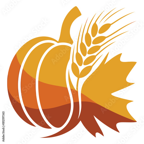 Thanksgiving harvest with pumpkin, wheat, and maple leaf, a symbol of autumn and the fall season isolated on white background