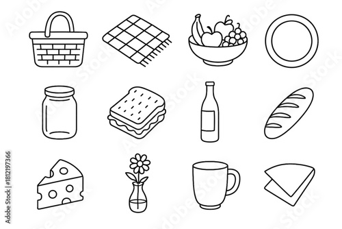 Sandwich vase picnic icon basket glass set plate bread bowl vector