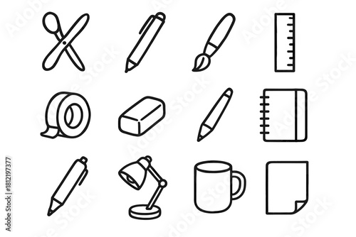 Desk cup scissors notebook marker ruler brush paper icon tools vector eraser