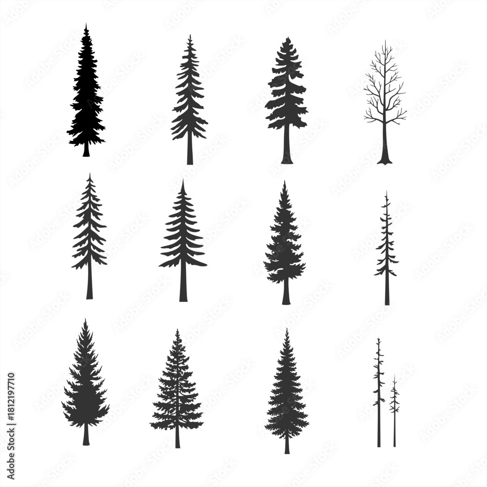 Obraz premium Editable minimalist pine and fir tree silhouette vector collection for nature art landscape scenes environmental graphics outdoor adventure branding and forest themed designs