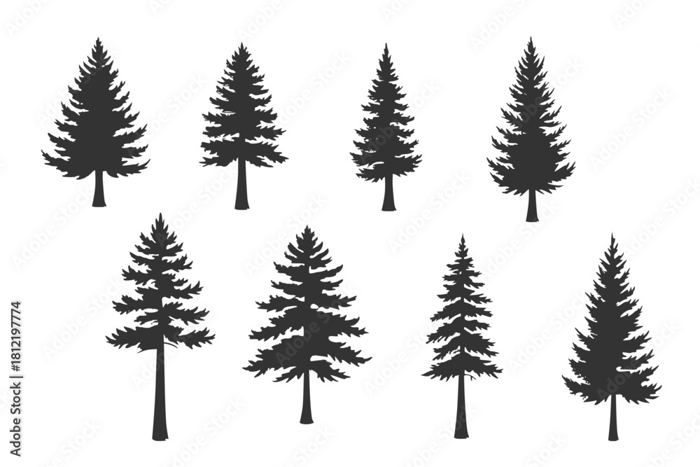 Obraz premium Editable pine trees silhouette vector pack showing diverse conifer forest shapes for nature backgrounds landscape artwork outdoor adventure graphics and environmental design project.