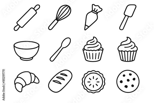 Tart vector pin piping pastry spoon icons whisk icon bag loaf croissant