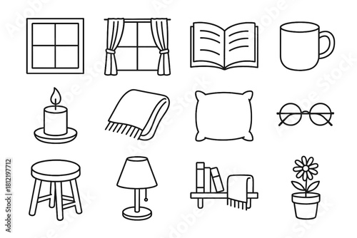 Stool icon mug icons cushion curtains reading open shelf vector book lamp