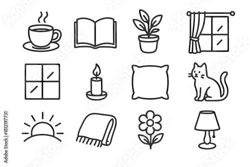 Curtain shape plant cat icon book vector candle icons morning cozy sunlight