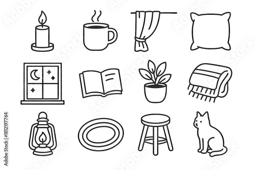 Rug icons pillow curtain cozy evening sill lantern icon vector blanket book