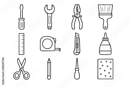 Glue awl cutter measure workshop sandpaper icons pencil essentials tape vector icon