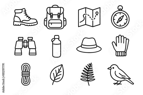Leaf compass icons hat exploration icon rope vector boots binoculars map hiking