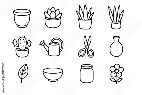 Icons jar scissors tabletop icon vector pot cactus watering small bowl plant