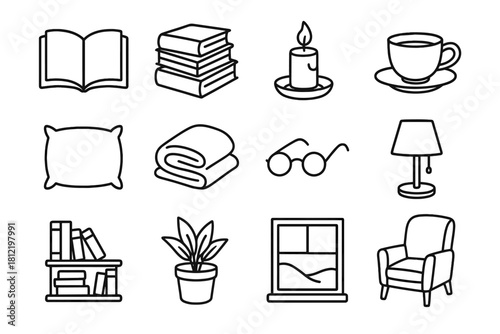 Window vector blanket reading icon teacup cozy plant bookshelf icons pillow stack