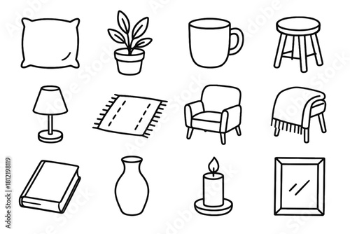 Cushion candle room vector chair blanket rug soft stool frame icon vase