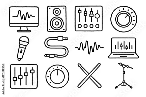 Engineering equalizer drumsticks icons mic speaker dial knob cable vector sound stand