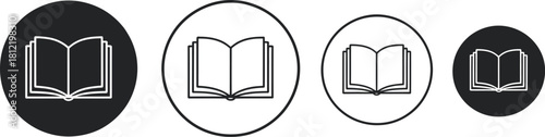 Minimalist open book icon set in black and white circular format