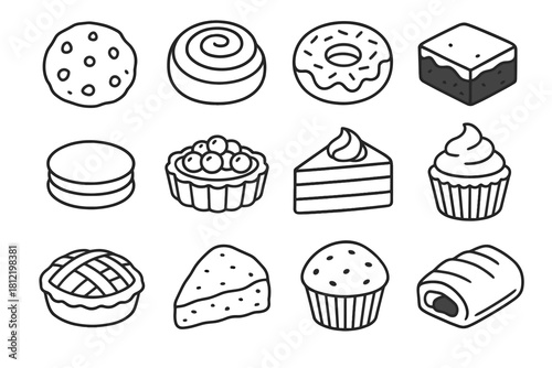 Icons cake pie slice bakery sweet roll scone pastry tart vector macaron