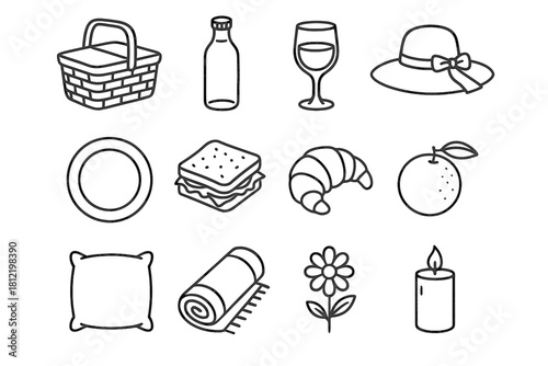 Vector picnic glass icons basket pillow icon orange flower summer croissant blanket