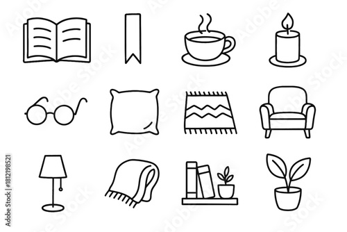 Candle reading rug tea book vector open armchair essentials plant icon icons