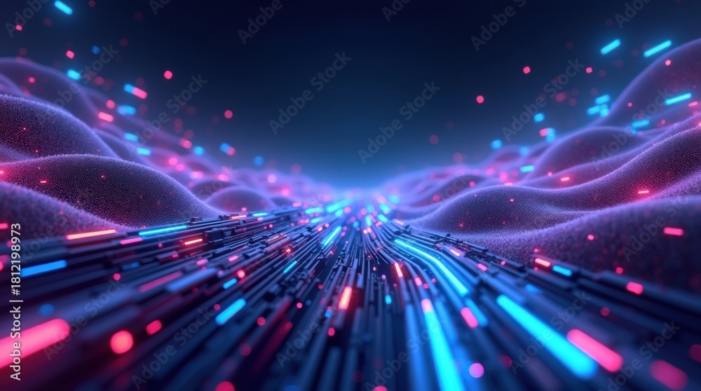 Fototapeta premium Abstract neon lights flowing through futuristic digital landscape