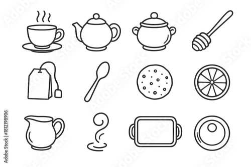 Bag lid bowl essentials milk icon teapot tea icons honey teaspoon vector