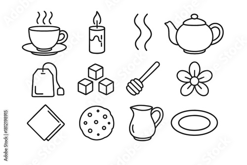 Tea icons teacup teapot honey vector cookie cubes milk icon relaxing plate