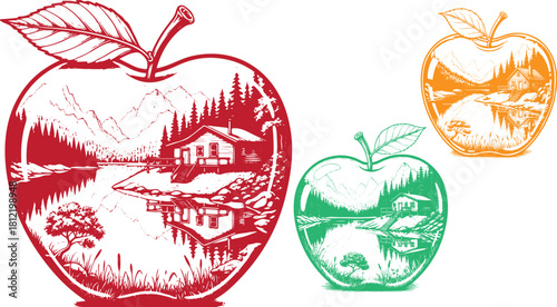 Three colorful apples with landscape scenes inside art on transparent background