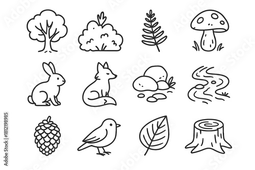 Rabbit icon stump fox pinecone set stone icons leaf bird bush vector