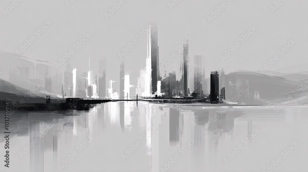 Fototapeta premium Abstract monochrome cityscape with skyscrapers reflected on water