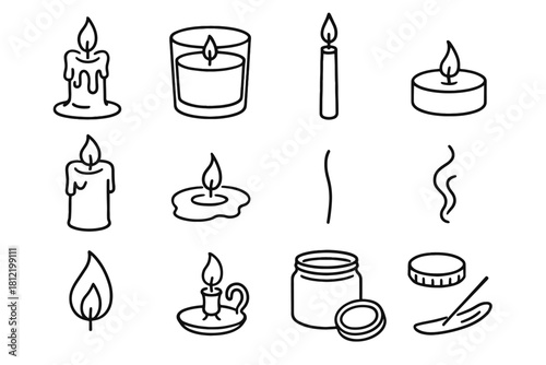 Vector icons wick melted incense light wax candle taper flame icon