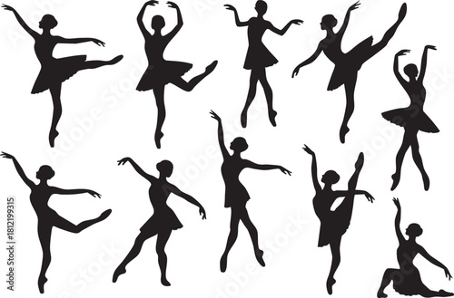 Vector collection of silhouettes of balet dancers each isolated on white