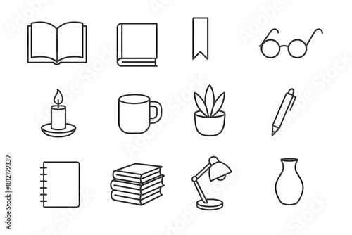 Lamp set icon vector reading candle vase stacked glasses book open