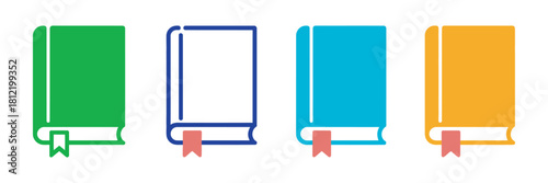 A set of four minimalist book icons in green, white, blue and orange colors