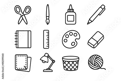 Workspace icons hobby notebook vector glue lamp basket ball pen yarn eraser
