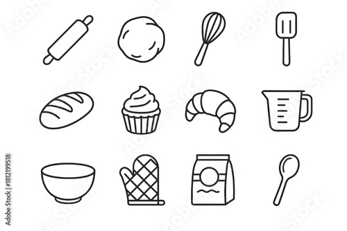 Mixing oven bowl spoon collection spatula bakery icon flour loaf whisk vector