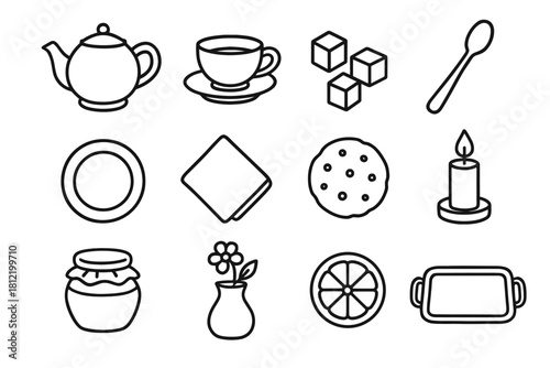 Teacup icons vase teapot lemon slice candle tea icon jar time spoon