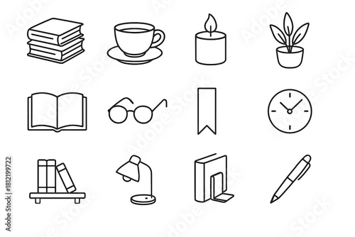 Reading pen notebook icon candle home bookend plant bookmark vector library shelf