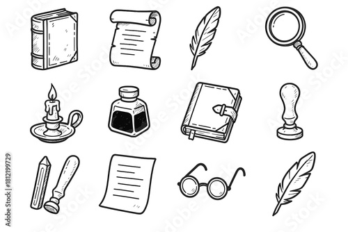 Sheet aged quill candle vector icon antique seal book feather wax set