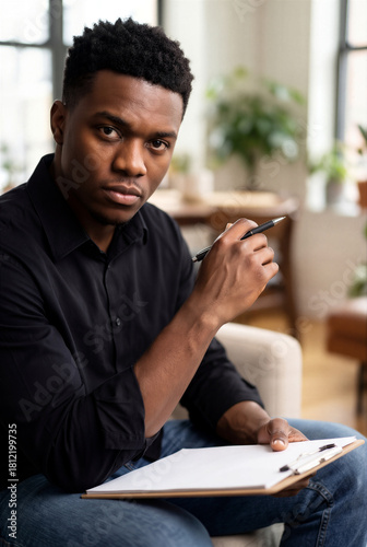 Serious African American HR Manager Holding Pen And Clipboard Listening To Candidate During Job Interview