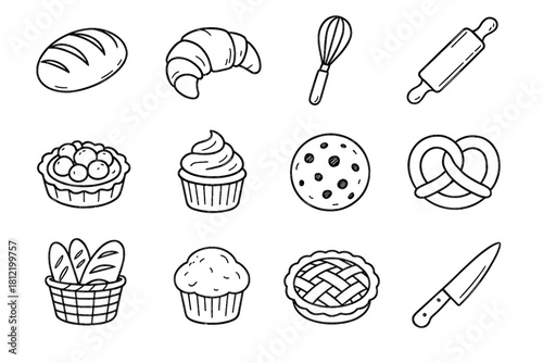 Pie cupcake bread bakery rustic rolling tart pretzel loaf icon icons vector
