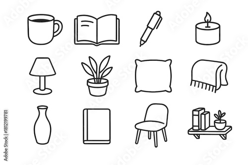 Cozy plant pen icon lamp vase chair candle study vector book pillow
