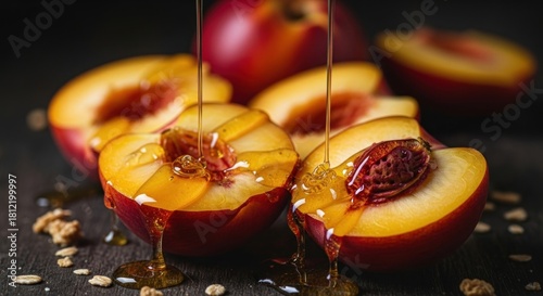 Nectarines being poured with honey on a dark background.