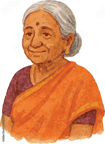 Vector watercolor cartoon illustration of an indian grandma