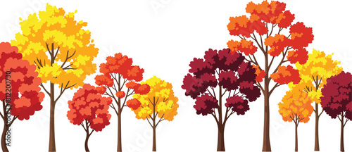 Row of deciduous autumn trees with colorful foliage, seasonal vector illustration for nature, design, education, and decoration themes