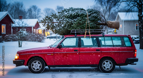 Red volvo station wagon carrying a christmas tree on its roof rack