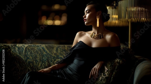 Woman in a black dress is sitting on a couch. She is wearing a gold necklace and earrings. The image has a mood of elegance and sophistication