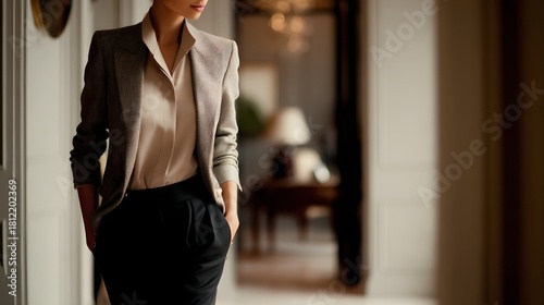 Woman in a business suit stands in a hallway. She is wearing a black skirt and a white shirt